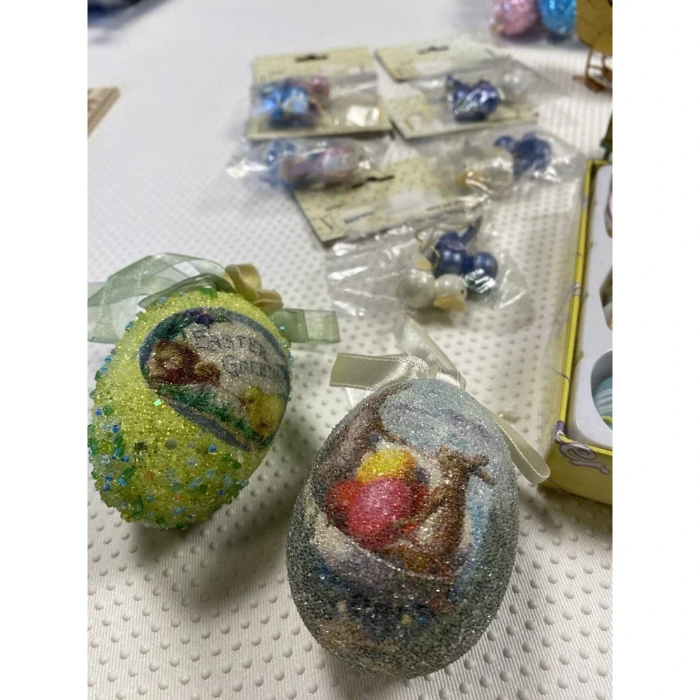 Huge Lot of Vintage Small Easter‎ Ornaments Hand Painted Wooden Resin Eggs Bunny